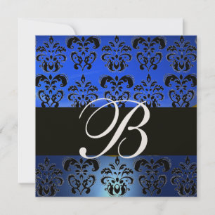 Invitation BLEU NOIR DAMAS MONOGRAMME , Or Blanc Brillants