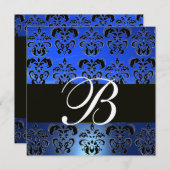 Invitation BLEU NOIR DAMAS MONOGRAMME , Or Blanc Doré (Devant / Derrière)