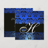 INVITATION BLEU NOIR DAMAS MONOGRAMME SAPHIR GLACE BLANCHE (Devant / Derrière)