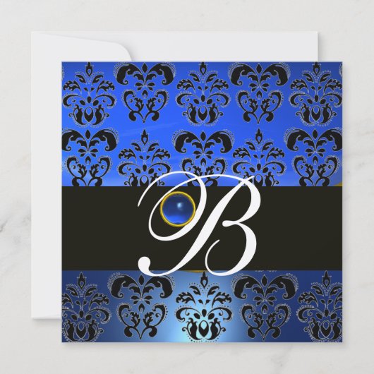 INVITATION BLEU NOIR DAMAS MONOGRAMME SAPHIR MÉTALLISÉ OR (Devant)