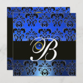 INVITATION BLEU NOIR DAMAS MONOGRAMME SAPHIR MÉTALLISÉ OR (Devant / Derrière)