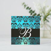 Invitation BLEU NOIR DAMAS MONOGRAMME, turquoise blanc (Debout devant)