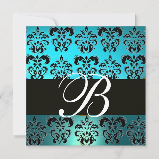 Invitation BLEU NOIR DAMAS MONOGRAMME, turquoise blanc (Devant)