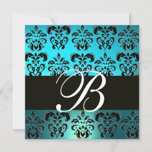 Invitation BLEU NOIR  DAMAS MONOGRAMME, turquoise blanc