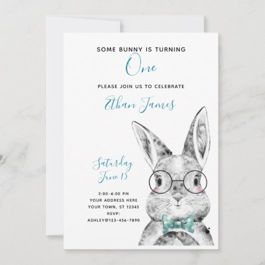 Invitation Bleu noir et blanc Certains lapins sont un anniver (Devant)