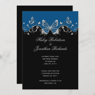 Invitation Bleu Noir Papillons Argent Mariage