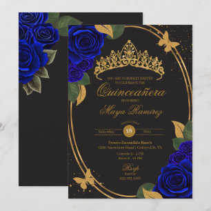 Invitation Bleu noir Parties scintillant or papillon Quinceañ