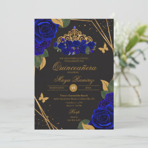 Invitation Bleu noir Roses Tiara Parties scintillant or Quinc