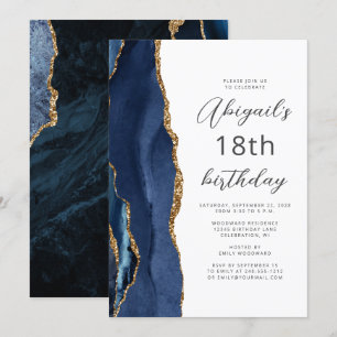 Invitation Bleu Nuit Agate Dorée Script 18ème Anniversaire