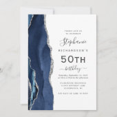 Invitation Bleu Nuit Argent Agate Code QR 50e Anniversaire (Devant)