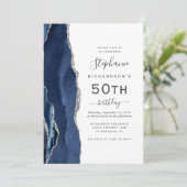 Invitation Bleu Nuit Argent Agate Code QR 50e Anniversaire (Debout devant)
