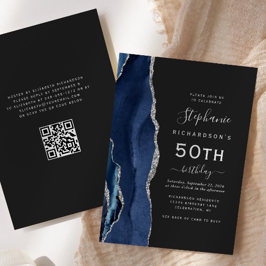 Invitation Bleu Nuit Argent Agate Code QR 50e Anniversaire