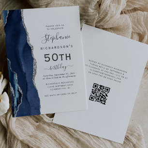 Invitation Bleu Nuit Argent Agate Code QR 50e Anniversaire