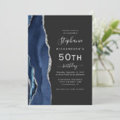 Invitation Bleu Nuit Argent Agate Code QR 50e Anniversaire (Debout devant)