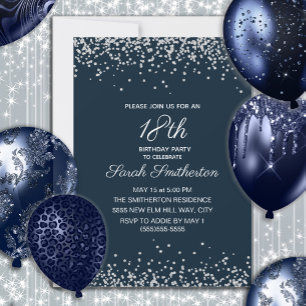 Invitation Bleu Nuit Argent Diamant Paillettes 18e Anniversai