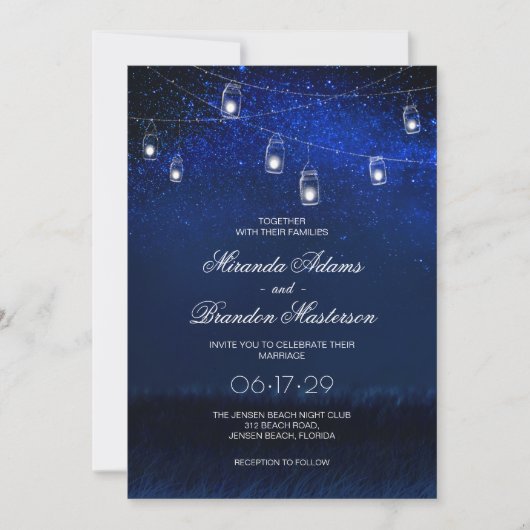 Invitation Bleu Nuit Argent Mason Jar String Mariage (Devant)