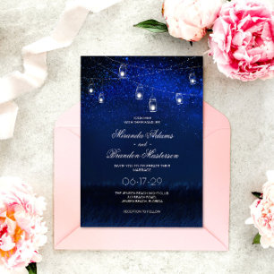 Invitation Bleu Nuit Argent Mason Jar String Mariage