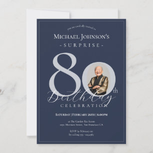Invitation Bleu Nuit Argent Photo Surprise 80e Anniversaire