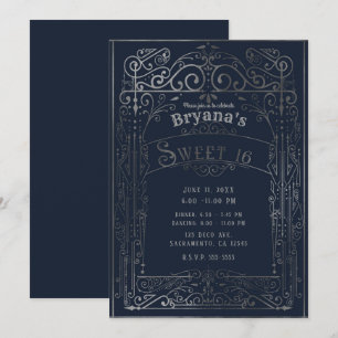 Invitation Bleu Nuit et Argent Décoration Victorienne Vintage