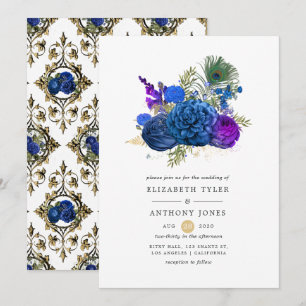 Invitation Bleu Nuit et Or Mariage Floral Vintage Paon