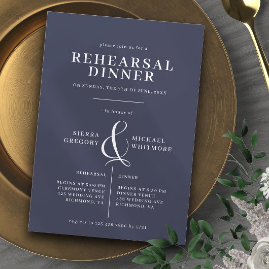Invitation Bleu Nuit Foncé | Dîner de Répétition Élégant Clas