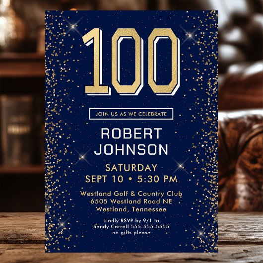 Invitation Bleu Nuit Moderne 100e Anniversaire