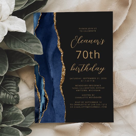 Invitation Bleu Nuit Or Agate Ardoise Script 70e Anniversaire
