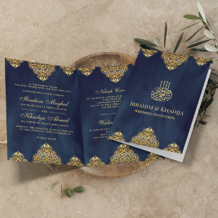 Invitation Bleu Nuit Or Motif Islamique Mariage Musulman