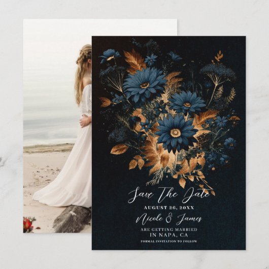 Invitation Bleu Nuit Or Rustique Glam Boho Éviter la Date (Devant / Derrière)