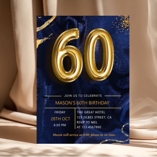 Invitation Bleu Nuit Pailleté Or 60e Anniversaire