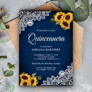 Invitation Bleu Nuit Rustique Bois Dentelle Tournesol Quincea