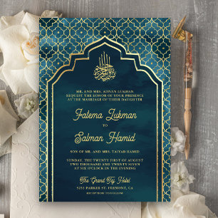 Invitation Bleu Océan Or Arch Marocain Mariage Musulman