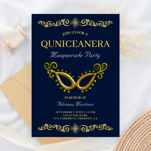 Invitation Bleu Or 15e anniversaire Masquerade Quinceanera