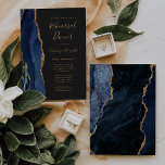 Invitation Bleu Or Agate Dark Mariage Dîner de répétition<br><div class="desc">Le bord gauche de cette élégante invitation à la répétition mariage moderne comporte une bordure en aquarelle bleu marine ornée d'une parties scintillant en faux or. Le texte personnalisable combine écriture manuscrite couleur or, cuivre et polices italiques sur un arrière - plan non noir. L'envers est assorti d'un design d'agate...</div>