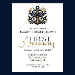 Invitation Bleu Or Ancre de Marine 1er Anniversaire de Mariag