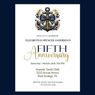 Invitation Bleu Or Ancre de Marine 5e Anniversaire de Mariage