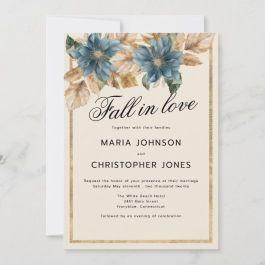 Invitation Bleu or automne printemps fleuri automne en amour  (Devant)