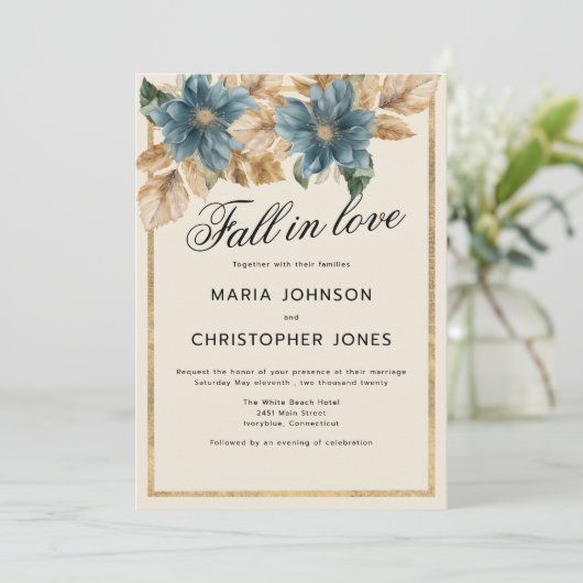 Invitation Bleu or automne printemps fleuri automne en amour  (Debout devant)