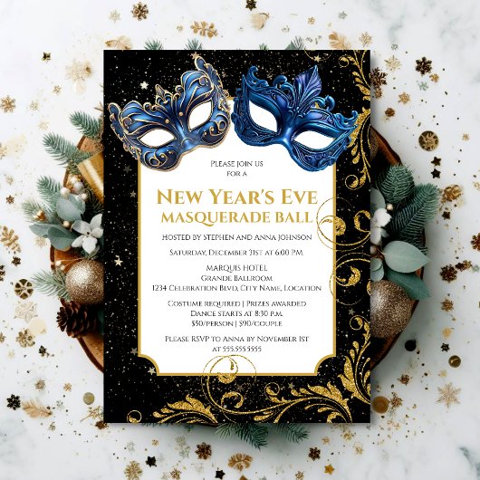 Invitation Bleu Or Bleu de la Saint-Sylvestre Masquerade Ball