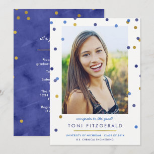 Invitation Bleu & Or Confetti Photo Graduation