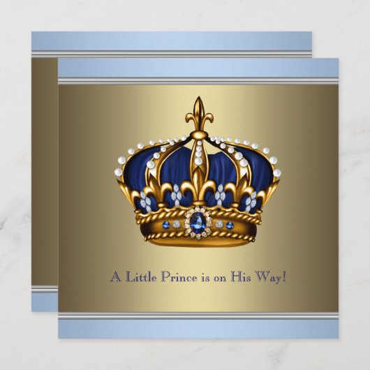 Invitation Bleu or Couronne Prince Bébé Garçon Douche (Devant / Derrière)