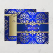 Invitation Bleu Or Damassé Bleu Royal Fête (Devant / Derrière)