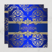 Invitation Bleu Or Damassé Bleu Royal Soirée (Devant / Derrière)