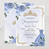 Invitation Bleu or et blanc Floral Tiara Quinceañera (Devant / Derrière)