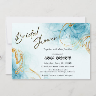 Invitation Bleu Or et Élégant Aquarelle Blanche Mariée