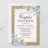 Invitation Bleu Or floral Étincelle Couples Douche (Devant)