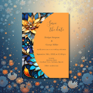 Invitation Bleu & Or Floral Vitrail Mariage élégant