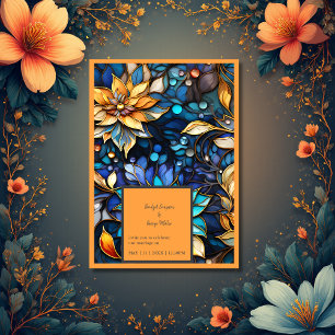Invitation Bleu & Or Floral Vitrail Mariage élégant