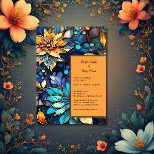 Invitation Bleu & Or Floral Vitrail Mariage élégant