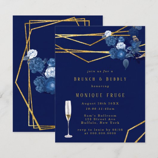 Invitation Bleu & Or Géométrique Floral Brunch & Bubbly (Devant / Derrière)